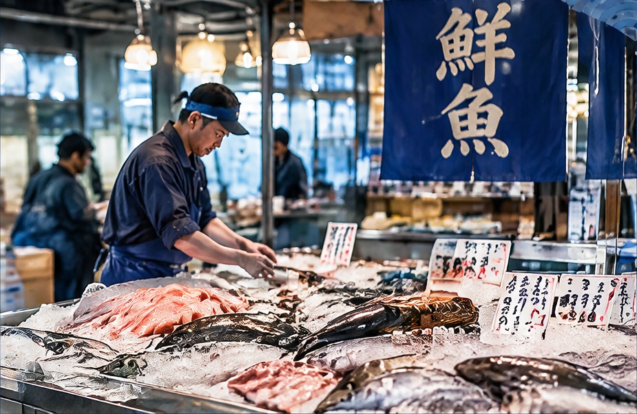 旬の魚が並ぶ鮮魚店の売り場と、魚を扱う店員