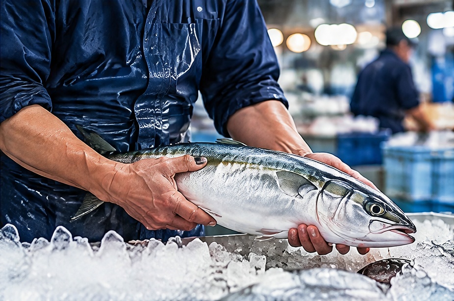 氷の上の鮮魚を一尾ずつ手に取って確かめる目利きの仕事